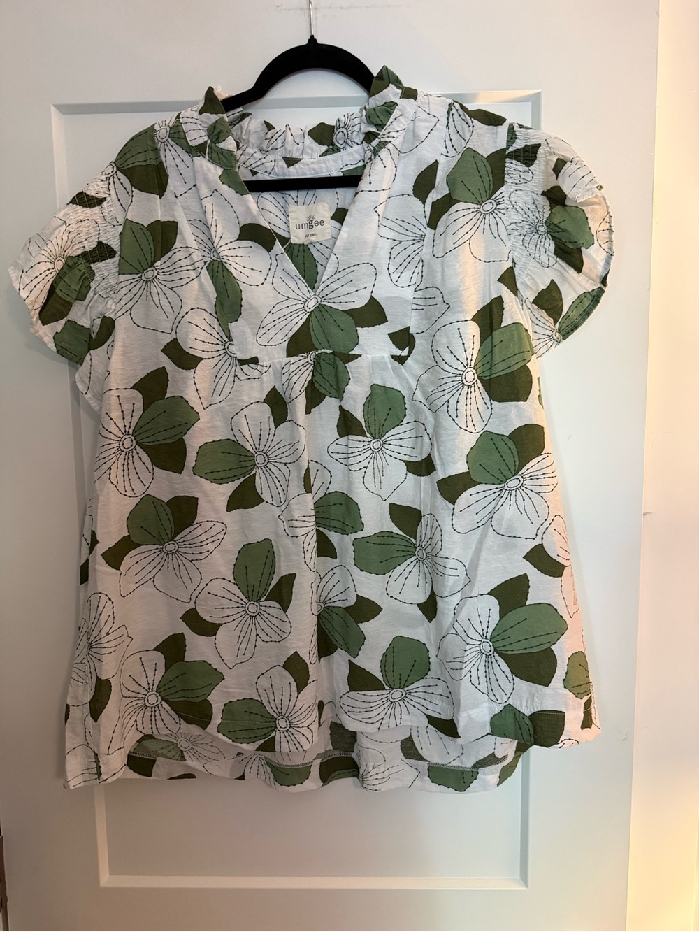 Umgee 2XL Floral Babydoll Top Green White Ruffle Sleeve Plus Size